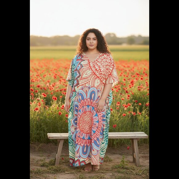Floral Printed Multicolor Polyester Kaftan Dress for Women by Gypsie Blu - Picture 1 of 10